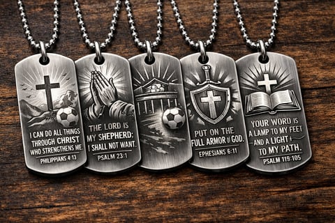 Five silver Christian dog tags with religious symbols and Bible verses on ball chains, displayed on a wooden surface