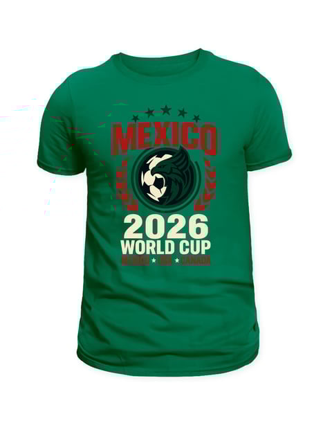 Green t-shirt with Mexico 2026 World Cup soccer design featuring red text, soccer ball graphic, and stars