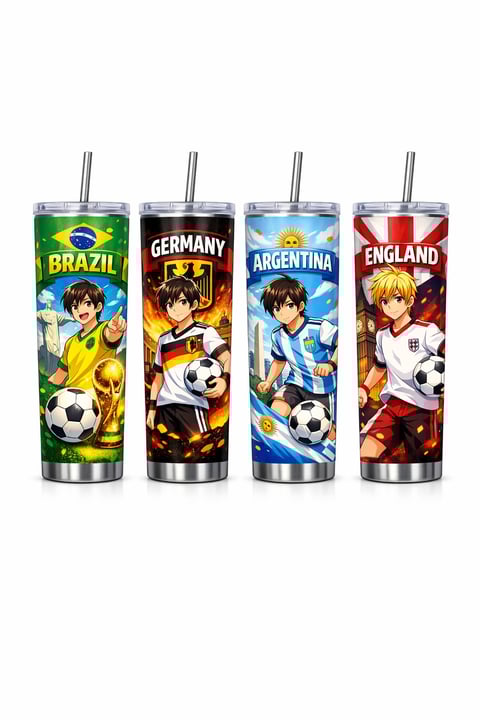 Four anime-style soccer player tumblers representing Brazil, Germany, Argentina, and England with matching straws
