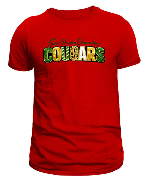 Red t-shirt with Sam Houston Elementary Cougars logo in green and gold text on front