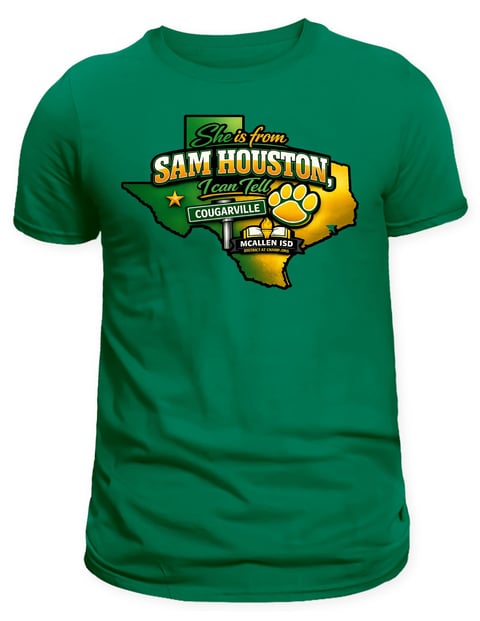 Green t-shirt with Sam Houston Elementary Cougars logo featuring a Texas map and paw print