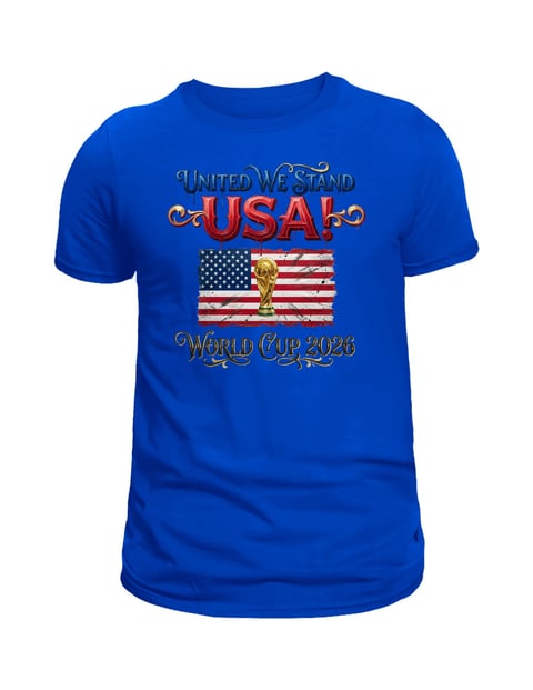 Blue t-shirt with United We Stand USA text, American flag, and World Cup 2026 graphic on front