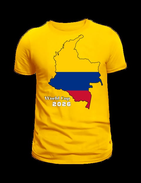 Yellow t-shirt with Colombia map outline and flag colors, labeled World Cup 2026