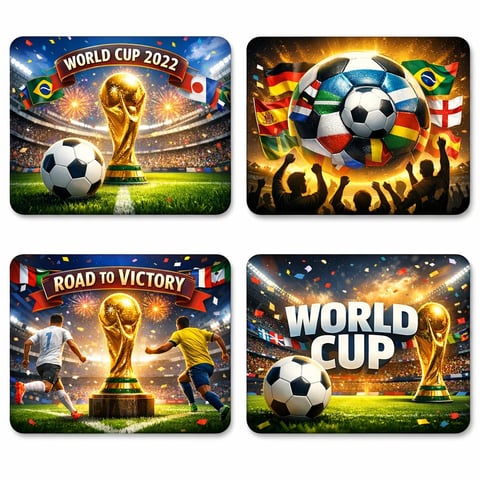 Four World Cup 2022 themed mouse pad designs featuring soccer balls, golden trophy, stadiums, and international flags with celebratory graphics