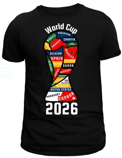Black t-shirt with World Cup 2026 trophy graphic showing participating countries including Argentina, Croatia, Belgium, Spain, Ghana, Germany, United States, Paraguay, and Canada