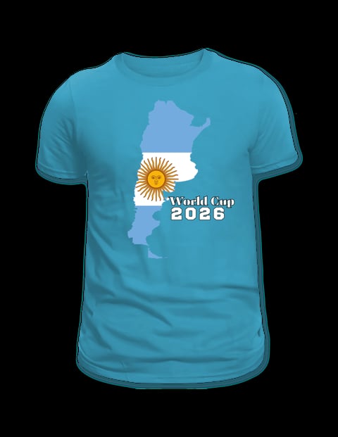 Turquoise t-shirt with Argentina map and sun symbol featuring World Cup 2026 text