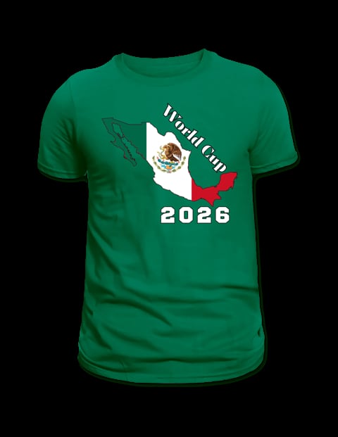 Green t-shirt with World Cup 2026 design featuring Mexico map and flag
