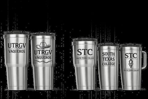 Five stainless steel tumblers with etched college logos: UTRGV Vaqueros, and South Texas College STC, arranged in decreasing height order against a dark textured background