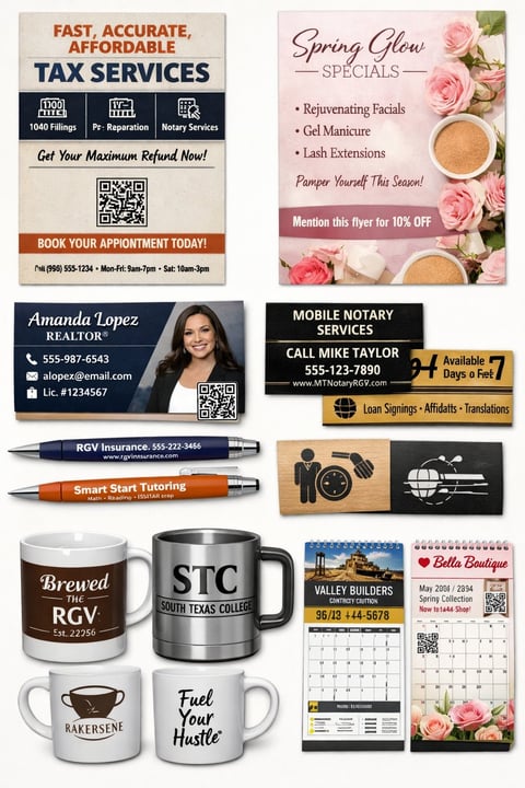 Collection of business promotional flyers, business cards, branded mugs, and calendars including tax services, salon specials, real estate, notary services, tutoring, and construction companies
