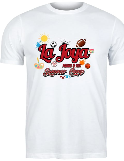 White t-shirt with La Joya Summer Camp graphic design featuring sports balls, sun, and colorful text