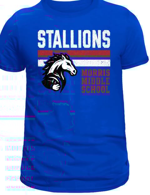 Blue t-shirt with white STALLIONS text, red and white horizontal stripes, black stallion head logo, and Morris Middle School text in red