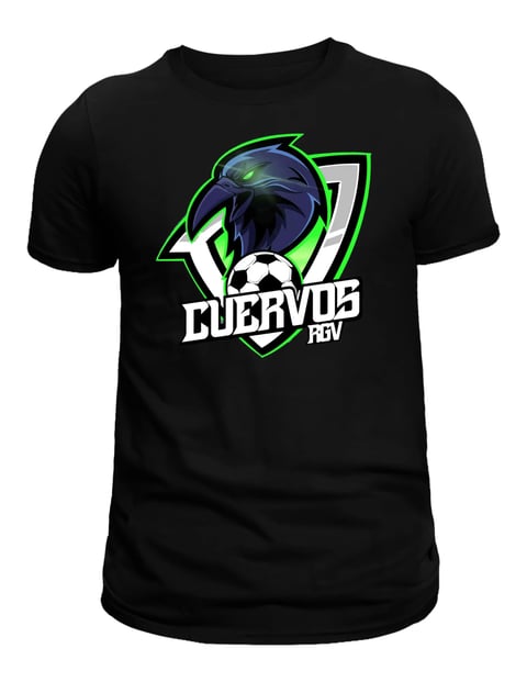 Black t-shirt featuring green and white Cuervos soccer logo with eagle and number 7 design