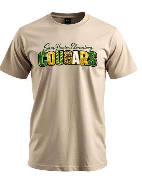 Beige t-shirt with Sam Houston Elementary Cougars logo in green and gold lettering on front
