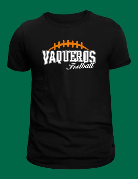 Black t-shirt with Vaqueros Football design featuring orange football laces and white text on green background
