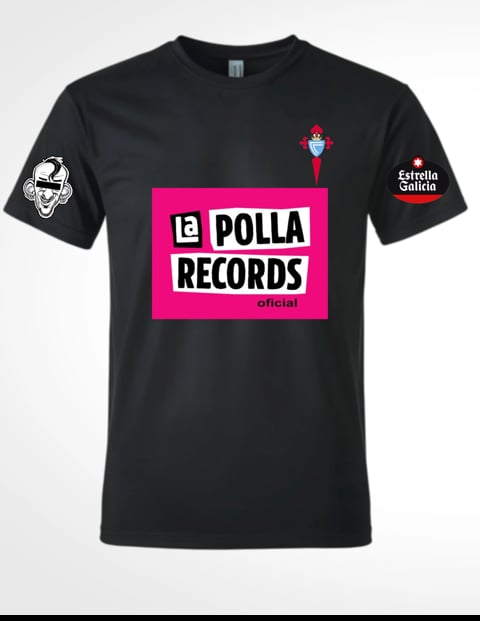 Black t-shirt with La Polla Records pink logo on chest, band logos on sleeves, front view