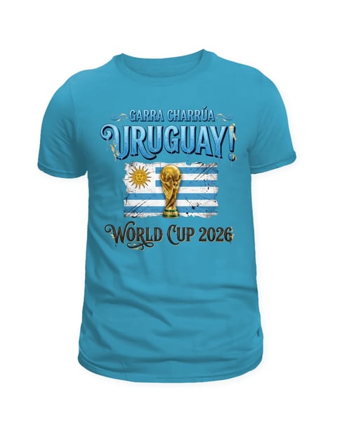 Turquoise t-shirt with Garra Charrúa Uruguay World Cup 2026 design featuring the Uruguayan flag and a golden trophy graphic