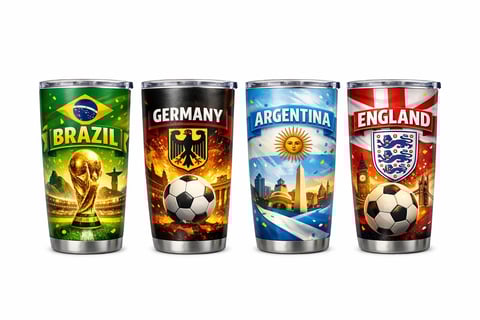 Four insulated tumblers decorated with flags and soccer themes for Brazil, Germany, Argentina, and England