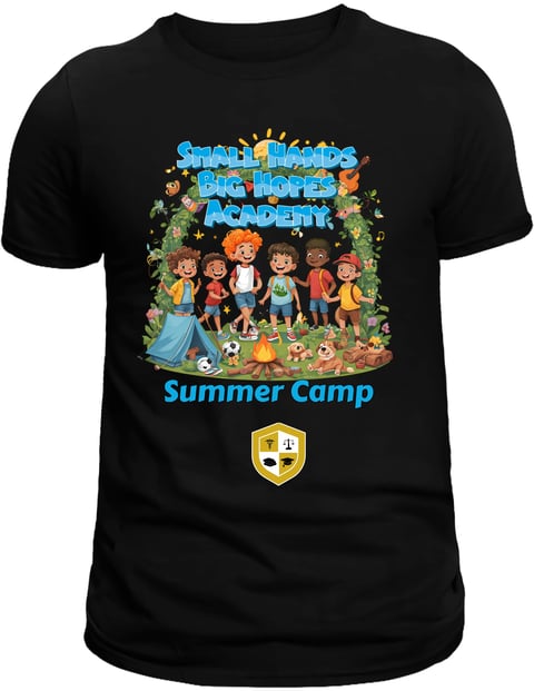 Black t-shirt with colorful summer camp design featuring diverse children, plants, and Small Hands Big Hearts Academy text
