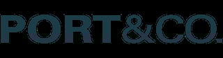 PORT&CO logo in teal blue text on black background