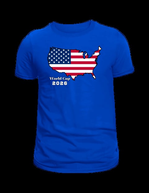 Blue t-shirt with USA map outline filled with American flag pattern and World Cup 2026 text