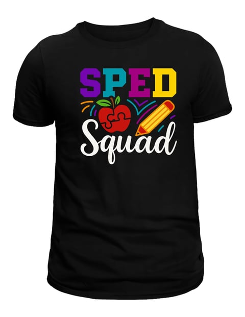 Black t-shirt with colorful SPED Squad design featuring apple and pencil graphics