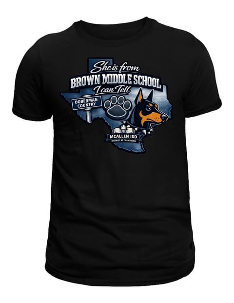 Black t-shirt with Brown Middle School graphic featuring doberman dog and paw print, McAllen ISD text