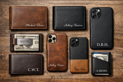 Collection of personalized leather wallets and phone cases in brown and black arranged on a wooden surface
