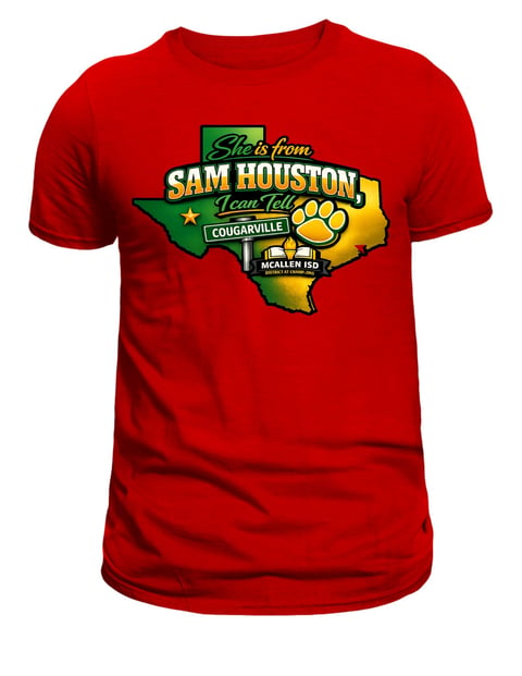 Green t-shirt with Sam Houston Elementary Cougars school spirit design