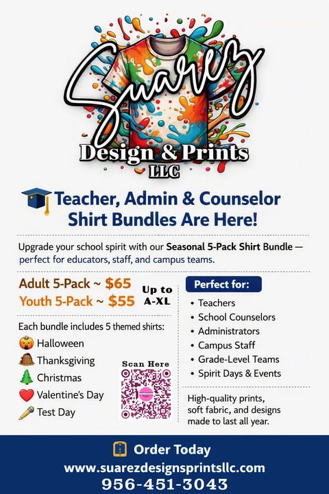 Swarty Design and Prints promotional flyer for teacher and admin 5-pack shirt bundles with pricing and order information