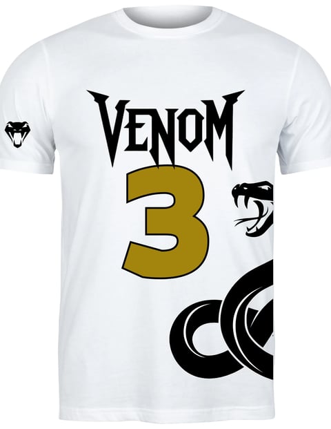 White t-shirt with black Venom logo, gold number 3, and black snake graphics on the front