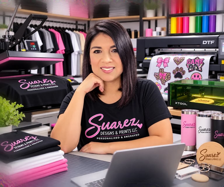 Woman in Suarez Designs t-shirt smiling at desk with laptop, surrounded by DTF printer, colorful supplies, and branded merchandise in studio