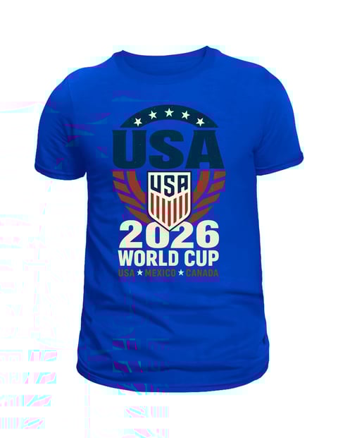 Blue t-shirt with USA 2026 World Cup logo featuring shield, stars, and laurel wreaths